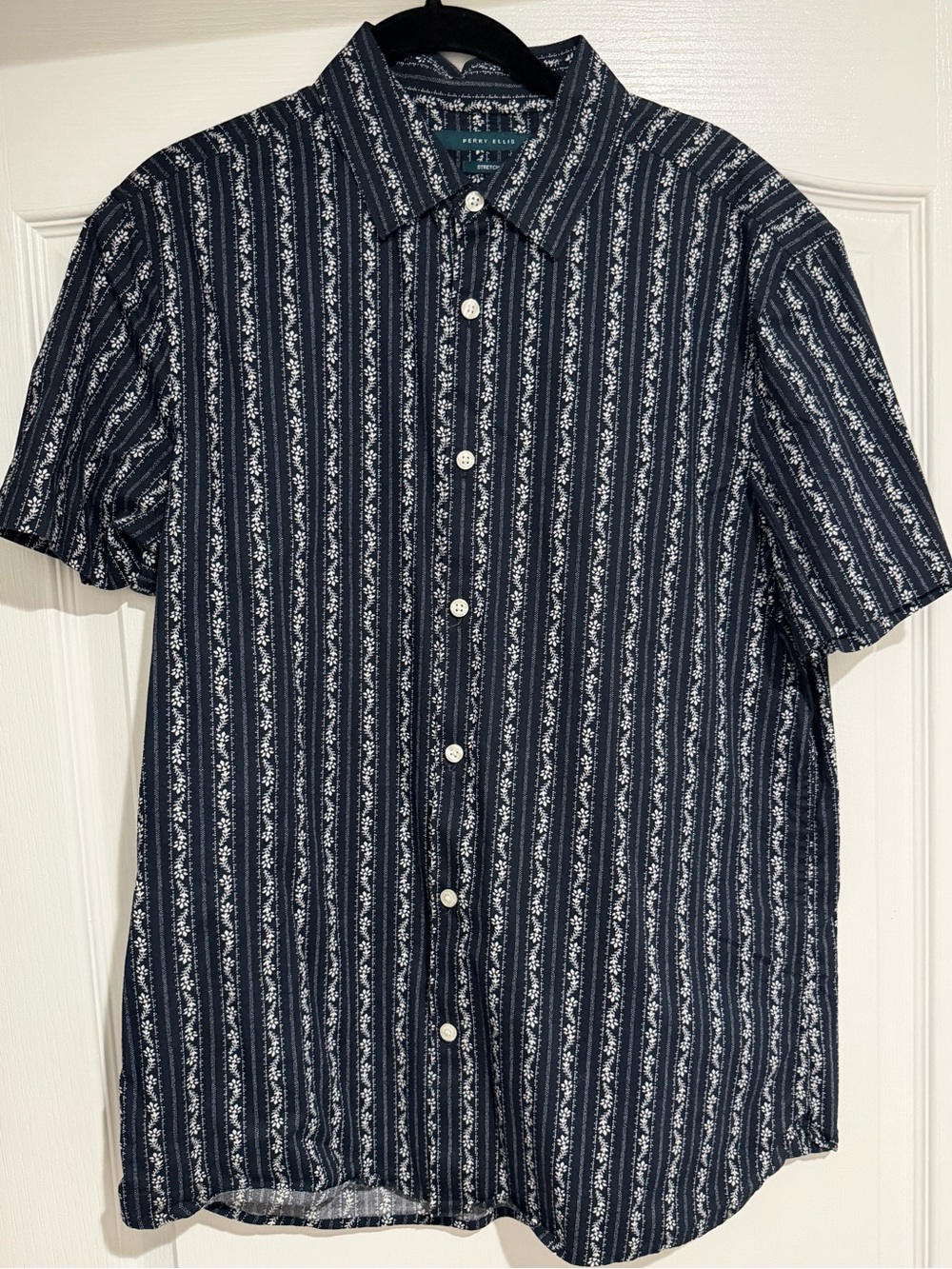 Perry Ellis Navy and White Vertical Stripe Short-Sleeve Button-Up
